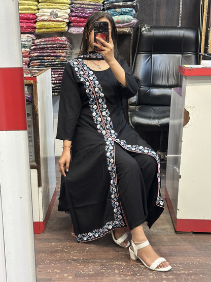 Black A Line Black Ryon Cotton Hand Embroidered Dress with Four sided border Pure Dupatta