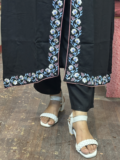 Black A Line Black Ryon Cotton Hand Embroidered Dress with Four sided border Pure Dupatta