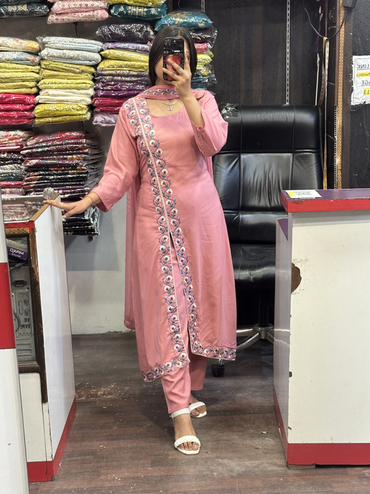 Strawberry Pink A Line Black Ryon Cotton Hand Embroidered Dress with Four sided border Pure Dupatta