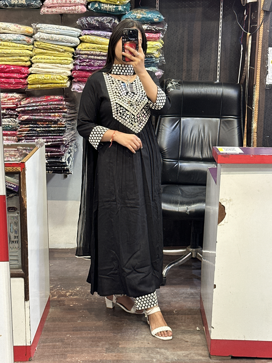 Trending A-line Black Dress in Mirror work with Embroidered Pant And Strap Dupatta