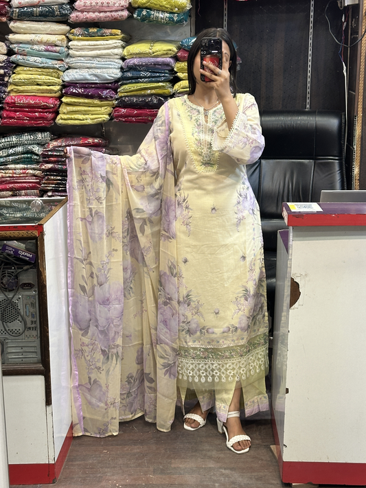 Cream white Pakistani Mal Cotton Embroidered Straight Suit with Lining & Cut Designer Plazo Along with Floral Duppata