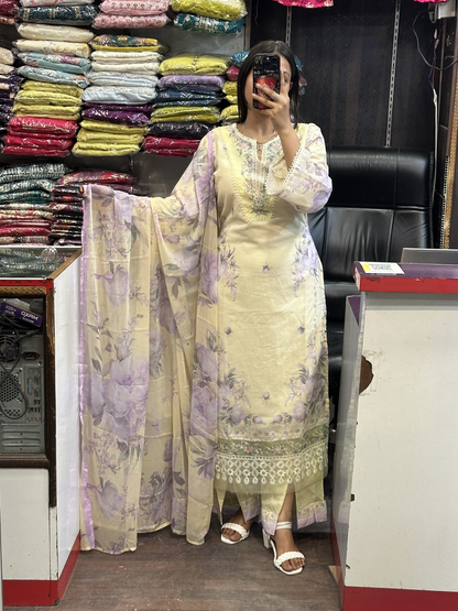 Cream white Pakistani Mal Cotton Embroidered Straight Suit with Lining & Cut Designer Plazo Along with Floral Duppata