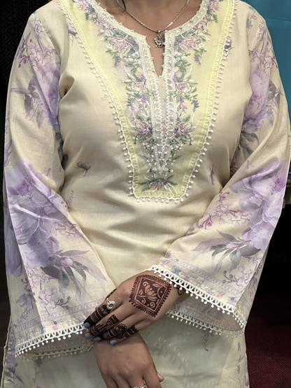 Cream white Pakistani Mal Cotton Embroidered Straight Suit with Lining & Cut Designer Plazo Along with Floral Duppata
