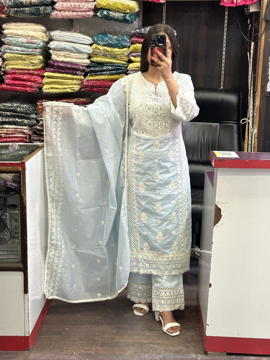 Premium Embroidered Pakistani Suit with Lining & Designer Sleeves and Embroidered Plazo Along Side Full Pure Cotton Embroidered Dupatta