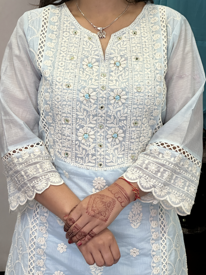 Premium Embroidered Pakistani Suit with Lining & Designer Sleeves and Embroidered Plazo Along Side Full Pure Cotton Embroidered Dupatta
