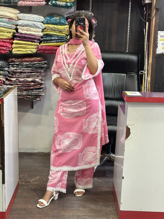 Pink Premium Pure Cotton Printed V Neck Embroidered Pakistani Suit with Designer Sleeves & Pant and Full Cotton Dupatta