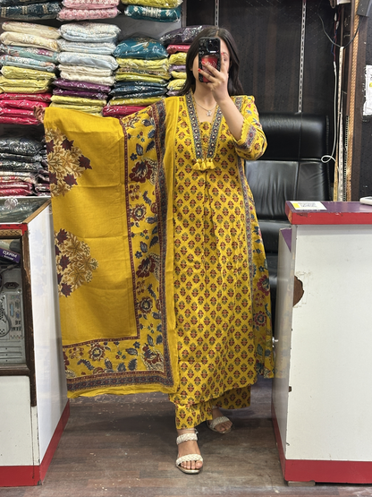 V Neck Pure Cotton Full Printed Anarkali Suit Both Side Pocket Style with Pant and Full Cotton Duppata