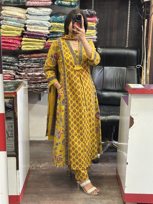 V Neck Pure Cotton Full Printed Anarkali Suit Both Side Pocket Style with Pant and Full Cotton Duppata