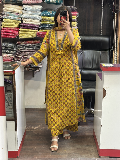 V Neck Pure Cotton Full Printed Anarkali Suit Both Side Pocket Style with Pant and Full Cotton Duppata