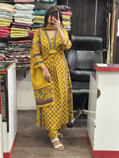 V Neck Pure Cotton Full Printed Anarkali Suit Both Side Pocket Style with Pant and Full Cotton Duppata