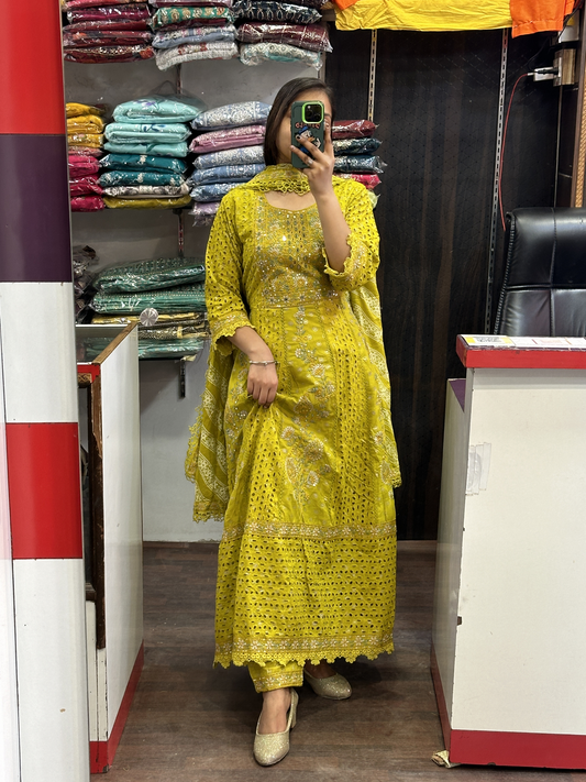 Chifli cotton Anarkali Suit with Lining & Cotton Dupatta