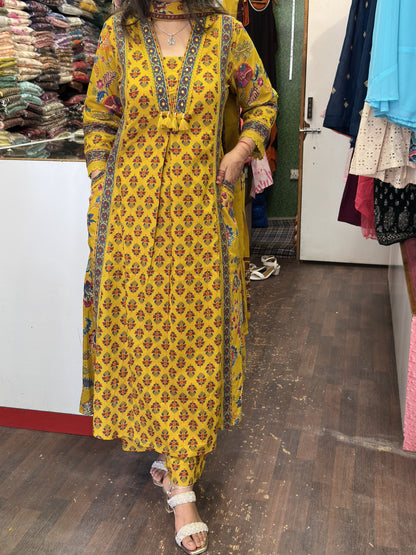 V Neck Pure Cotton Full Printed Anarkali Suit Both Side Pocket Style with Pant and Full Cotton Duppata