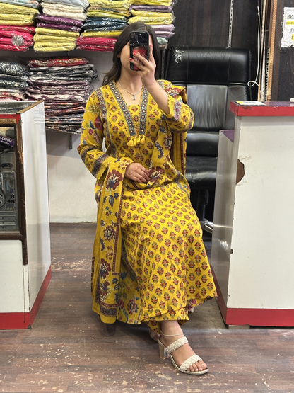 V Neck Pure Cotton Full Printed Anarkali Suit Both Side Pocket Style with Pant and Full Cotton Duppata