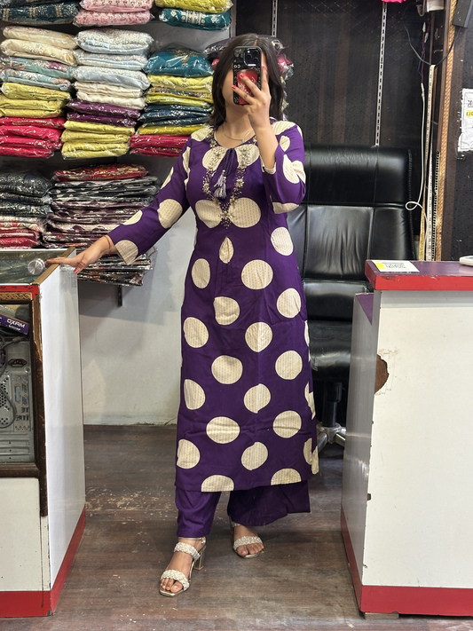 Purple Polka Elegant premium Cotton kurti with pant and inner