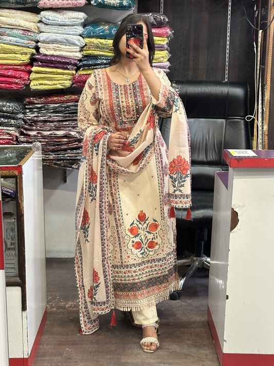 Ivory Beige Cotton Silk embroidered Straight Suit with Duppata