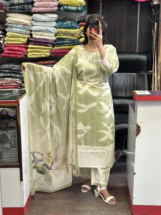 Pure Muslin Embroidered Pakistani Suit with Lining Pant and Full Muslin Printed Dupatta