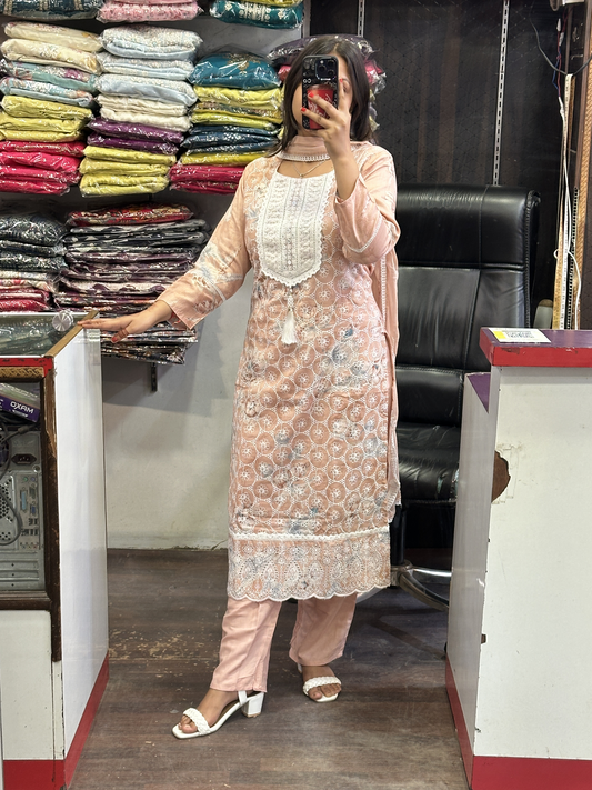 Floral pink Mal Cotton Embroidered Summerish Pant Suit  with Embroidered Dupatta