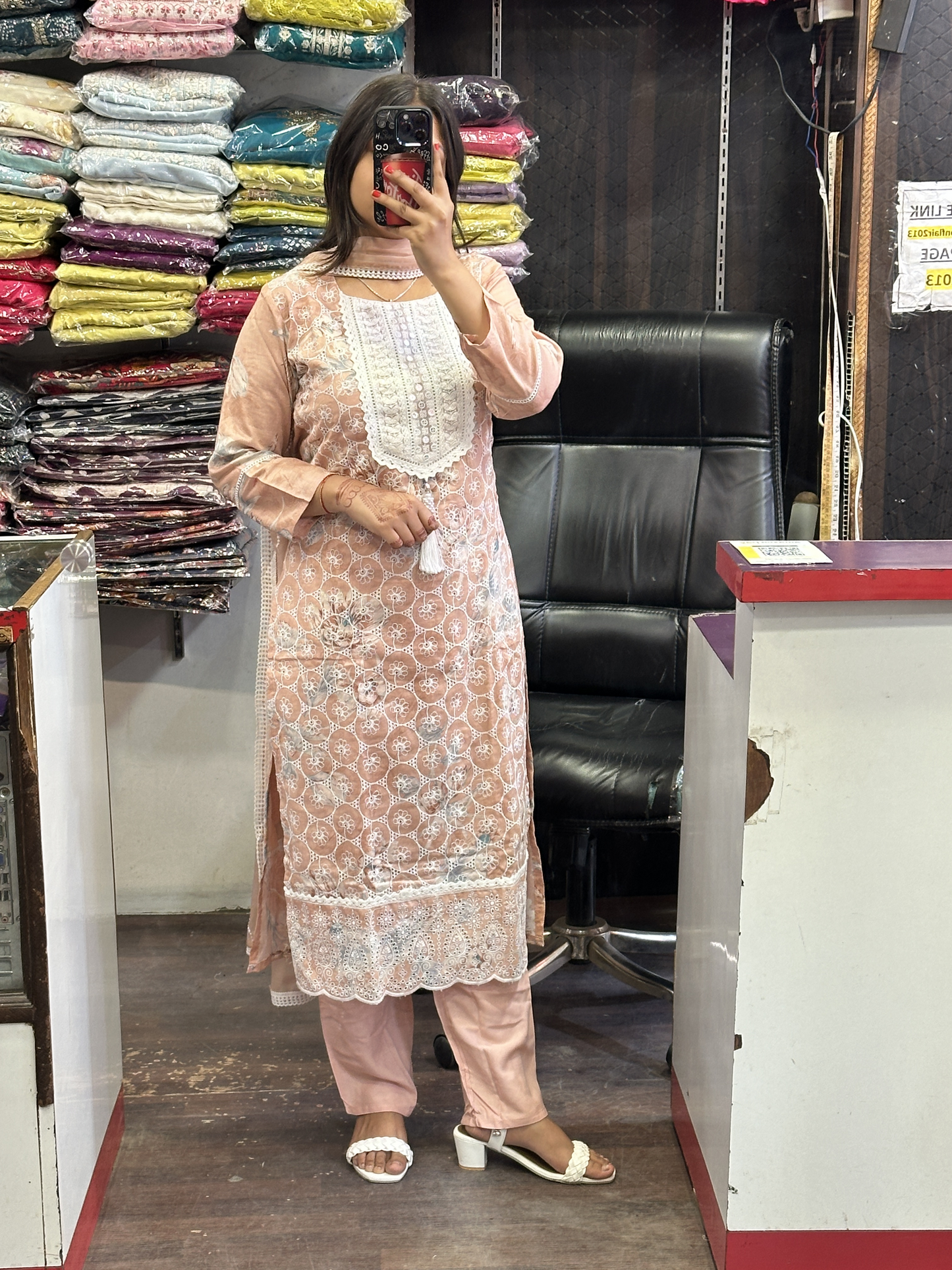 Floral pink Mal Cotton Embroidered Summerish Pant Suit  with Embroidered Dupatta