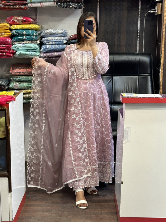 Mauve Shade Full Embroidery Anarkali Suit in Cotton With Lining And Organza Dupatta