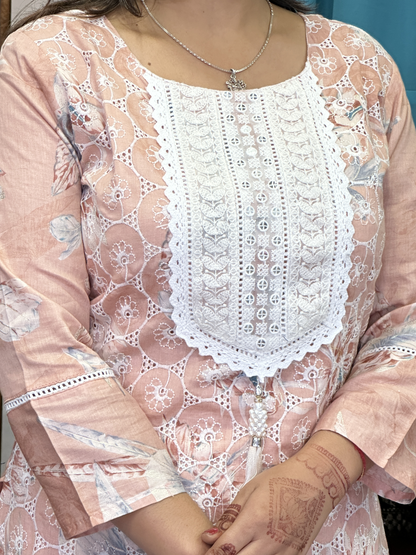 Floral pink Mal Cotton Embroidered Summerish Pant Suit  with Embroidered Dupatta