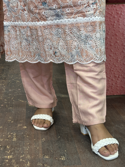 Floral pink Mal Cotton Embroidered Summerish Pant Suit  with Embroidered Dupatta