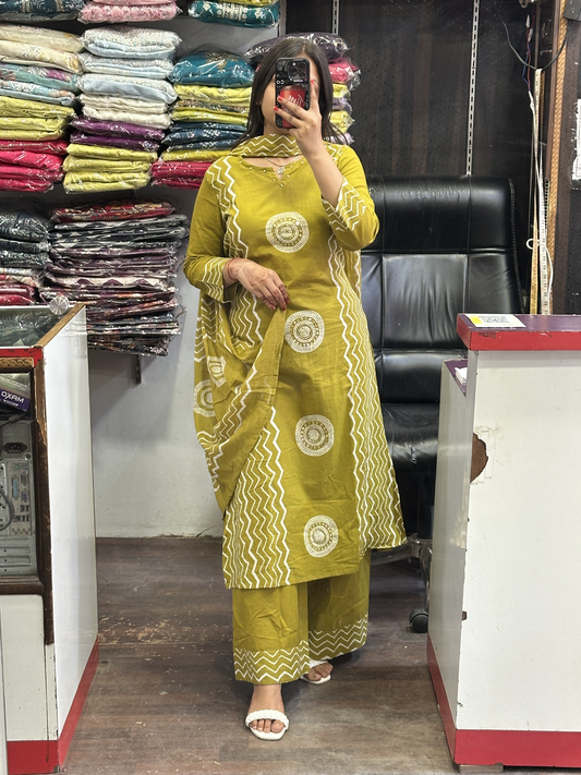 Mustard Geometric Pure Cotton office Wear Suit with Pant and Cotton Dupatta