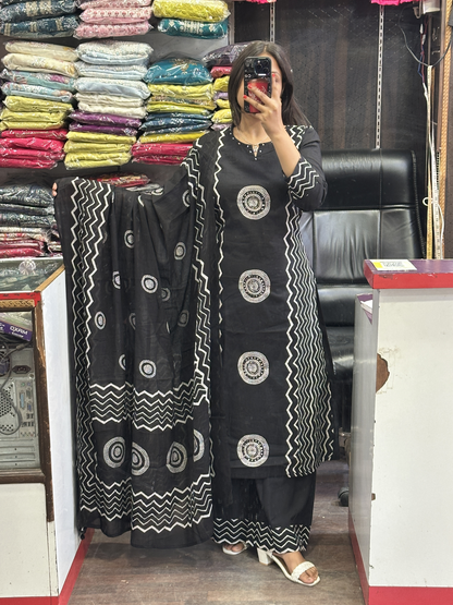 Black Geometric Pure Cotton office Wear Suit with Pant and Cotton Dupatta