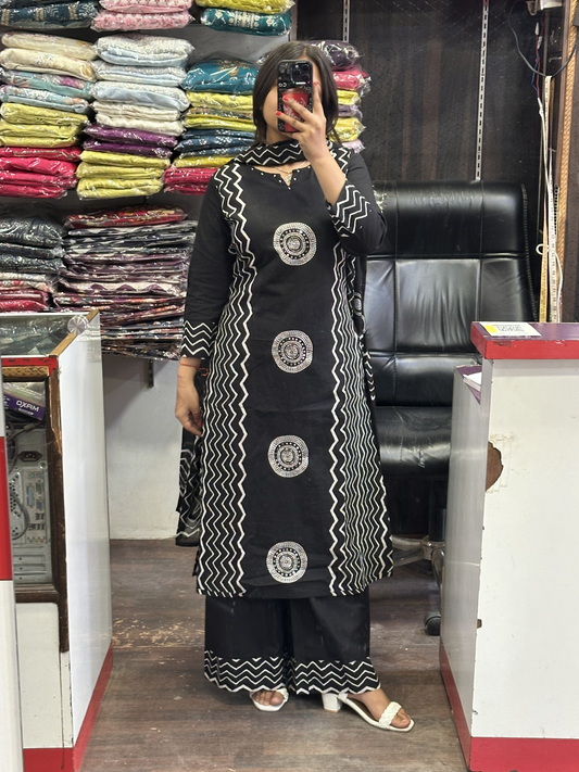 Black Geometric Pure Cotton office Wear Suit with Pant and Cotton Dupatta