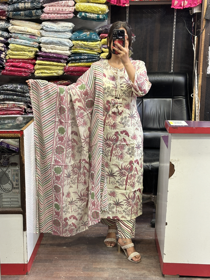 Floral Pure Cotton Neck Embroidered office Wear Suit with Pant and Cotton Dupatta