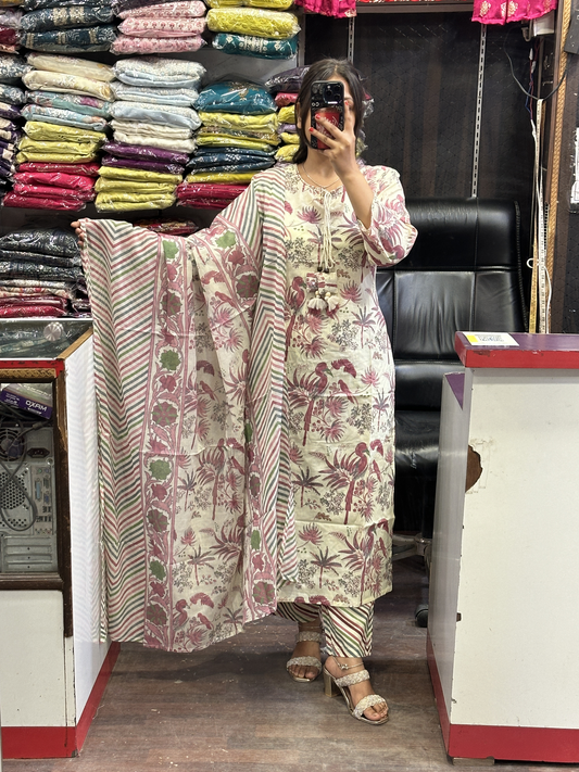 Floral Pure Cotton Neck Embroidered office Wear Suit with Pant and Cotton Dupatta