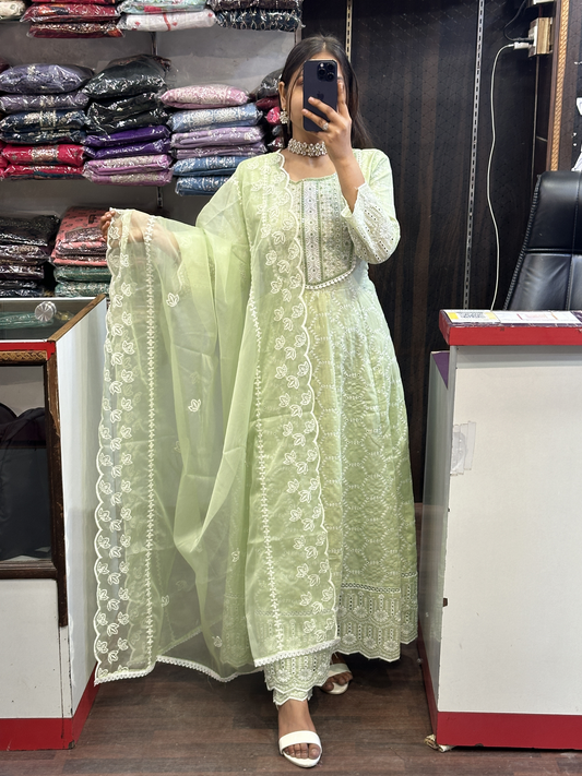 Pista Green Full Embroidery Anarkali Suit in Cotton With Lining And Organza Dupatta