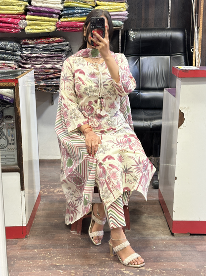 Floral Pure Cotton Neck Embroidered office Wear Suit with Pant and Cotton Dupatta