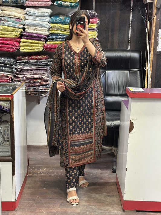 Black Printed Pure Cotton V Neck office Wear Suit with Pant and Cotton Dupatta