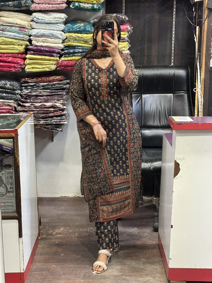 Black Printed Pure Cotton V Neck office Wear Suit with Pant and Cotton Dupatta