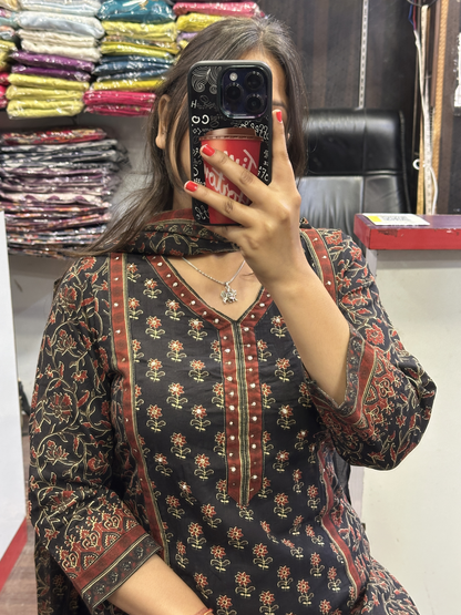 Black Printed Pure Cotton V Neck office Wear Suit with Pant and Cotton Dupatta
