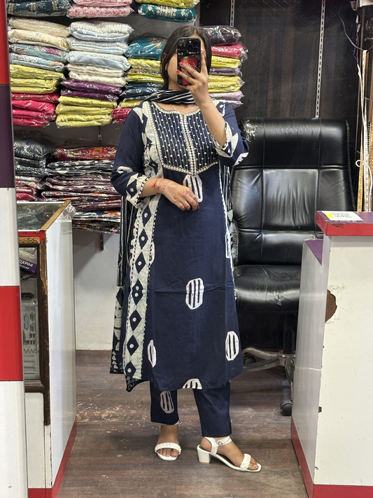 Blue Pure Cotton A-Line office Wear Suit with Pant and Cotton Dupatta