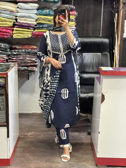 Blue Pure Cotton A-Line office Wear Suit with Pant and Cotton Dupatta