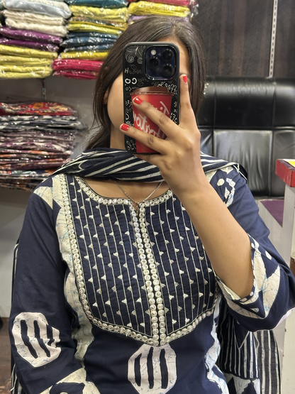 Blue Pure Cotton A-Line office Wear Suit with Pant and Cotton Dupatta