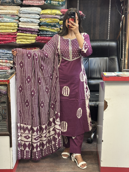 Purple Pure Cotton A-Line office Wear Suit with Pant and Cotton Dupatta