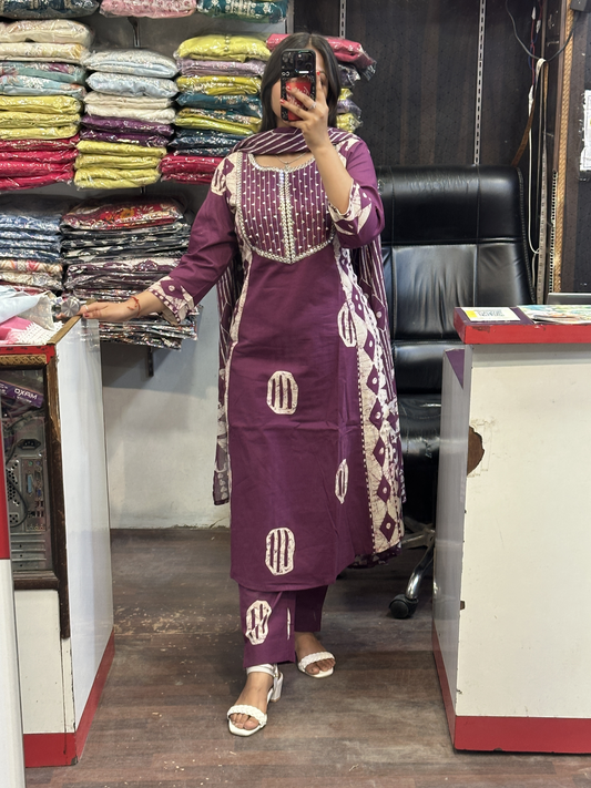 Purple Pure Cotton A-Line office Wear Suit with Pant and Cotton Dupatta