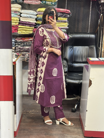 Purple Pure Cotton A-Line office Wear Suit with Pant and Cotton Dupatta