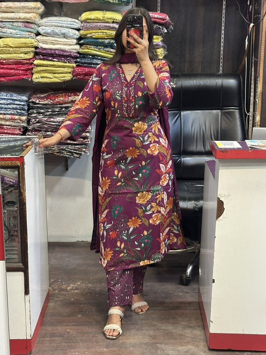 Purple Floral Pure Cotton V Neck Embroidered office Wear Suit with Pant and Cotton Dupatta