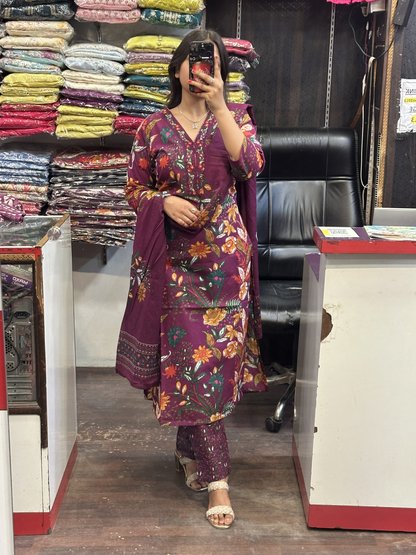 Purple Floral Pure Cotton V Neck Embroidered office Wear Suit with Pant and Cotton Dupatta