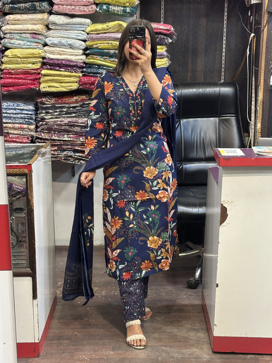 Dark Blue Floral Pure Cotton V Neck Embroidered office Wear Suit with Pant and Cotton Dupatta