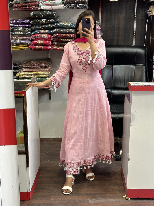 Pink Handwork Embroidery Anarkali Suit in Lurex Cotton With Lining And Contrast Dupatta