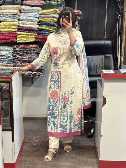 Off white & Pink Soft Khaadi Straight Digital Office Wear Suit with Full Digital Dupatta