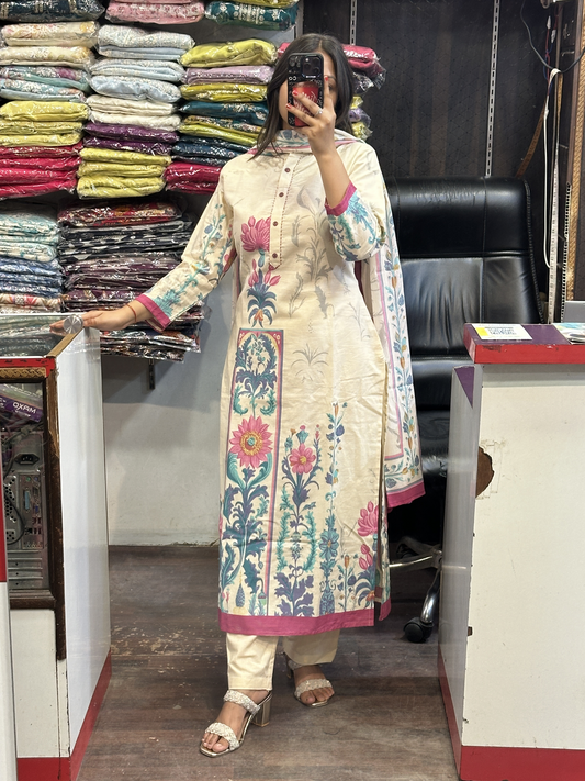 Off white & Pink Soft Khaadi Straight Digital Office Wear Suit with Full Digital Dupatta