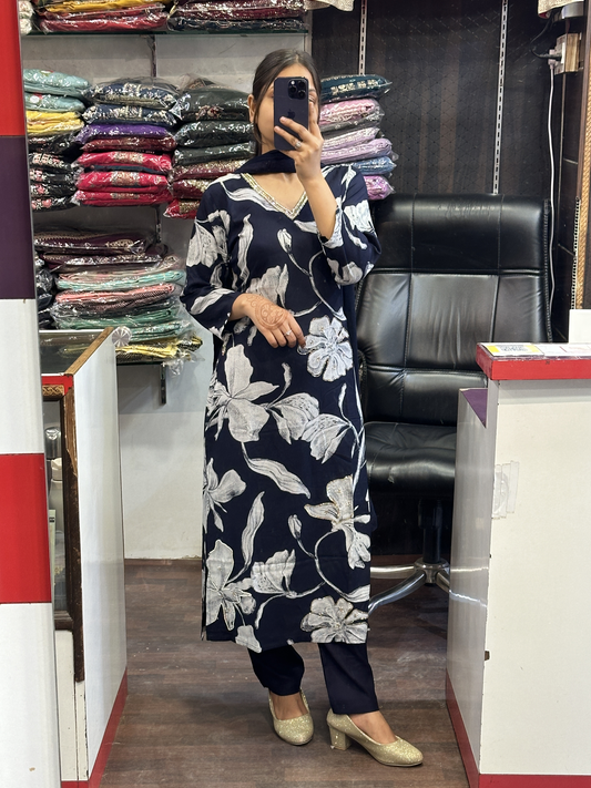 Navy Blue Pure Cotton Suit V Neck Embroidery With Pure Dupatta