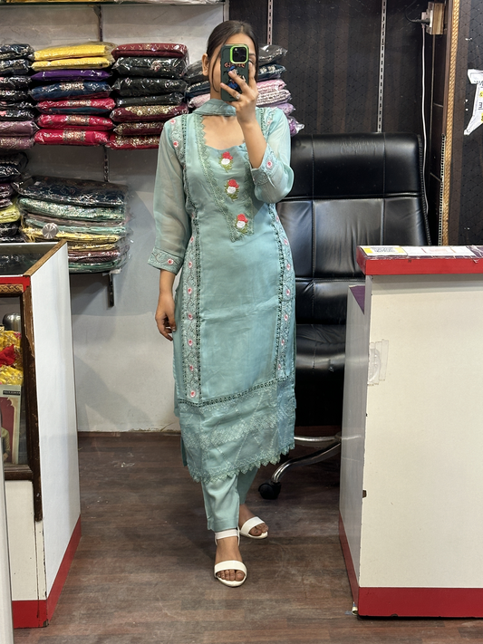 Aqua Green Viscose Organza Straight Embroidery Suit with Lining & Dupatta