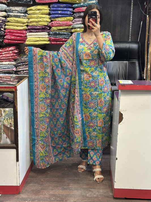 V Neck Original Mirror Work Pure Cotton Pant with Full Cotton Dupatta